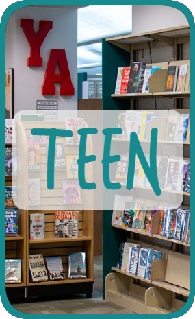 the word "teen" in a teal font with book shelves in the background and the letters "YA" in big red letters on a pillar